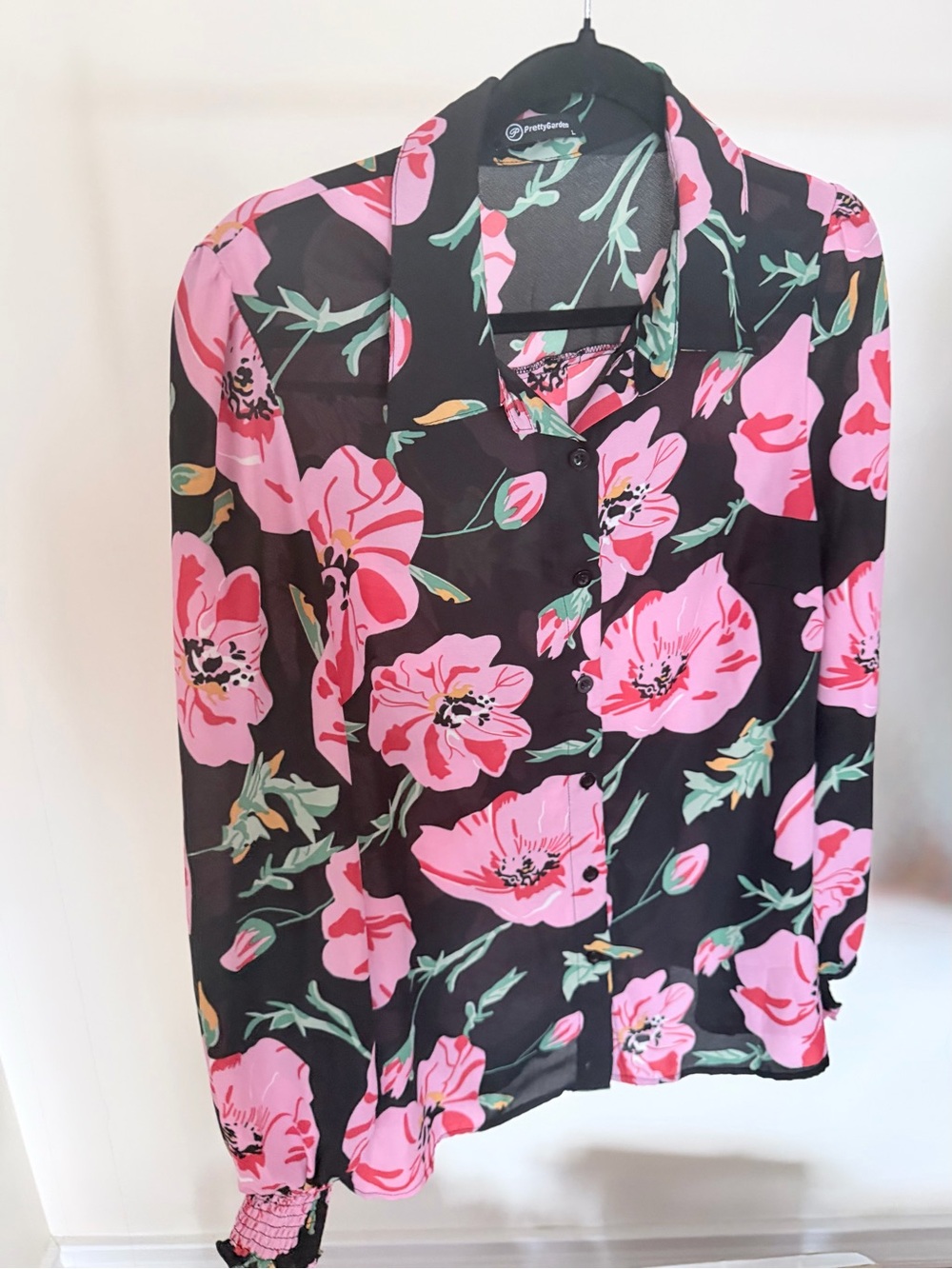 Floral Button-Front Blouse in Black and Pink by PrettyGarden.